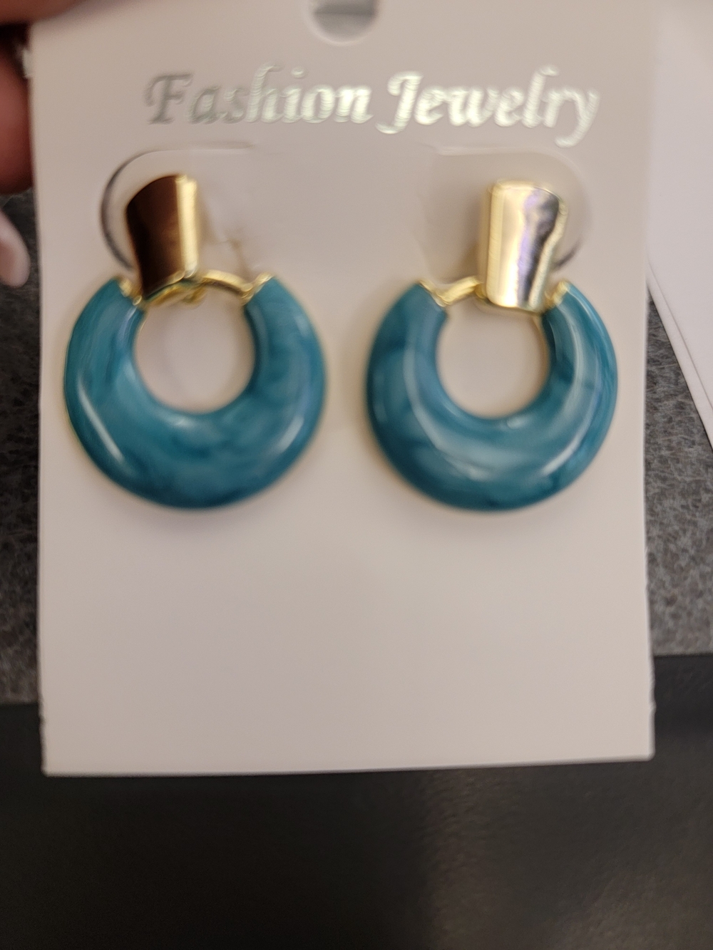 Fashion Jewelry Teal Marble Hoop Earrings with Gold Accents